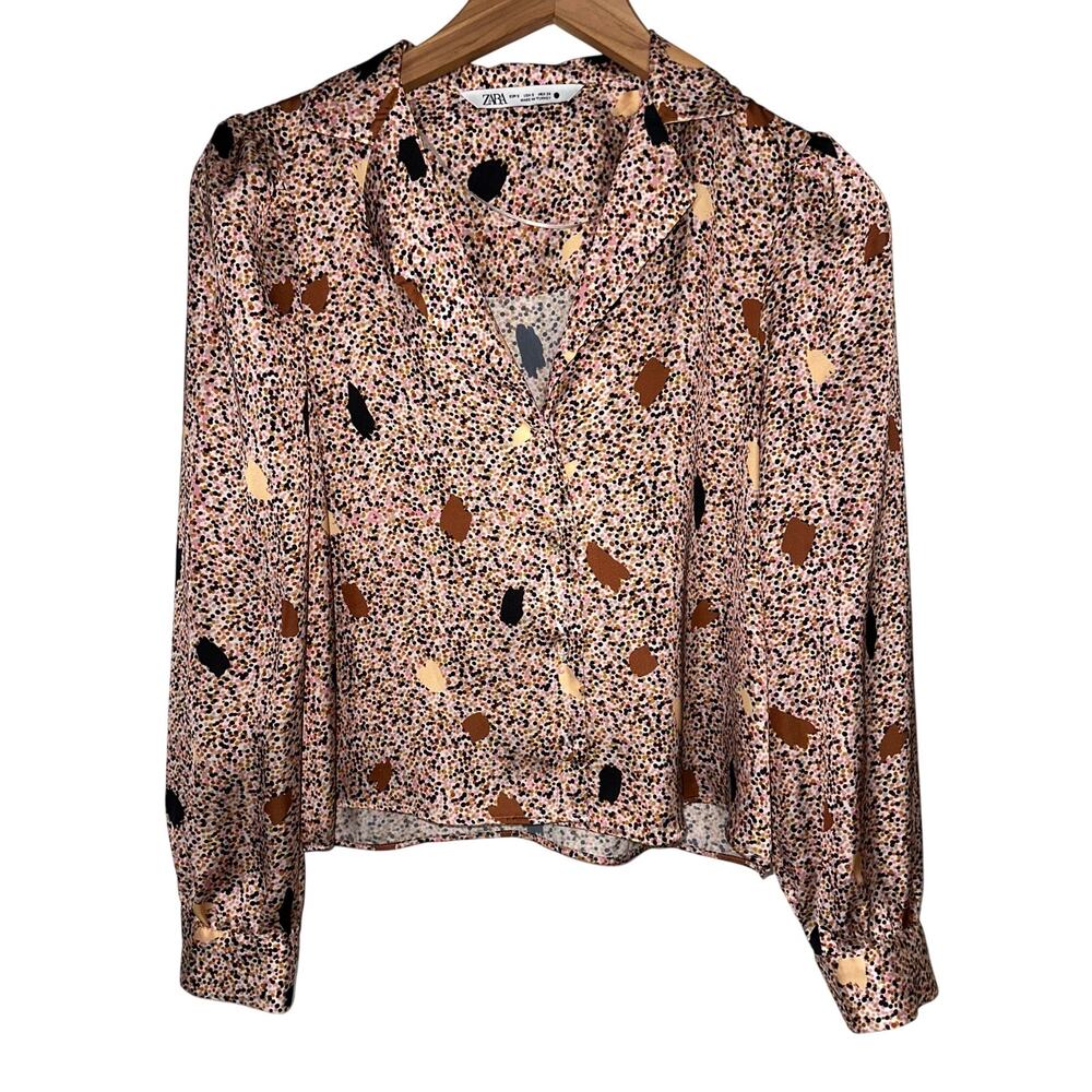 Zara The Jade Cropped Abstract Dot Long Sleeve Button Front Blouse Size S